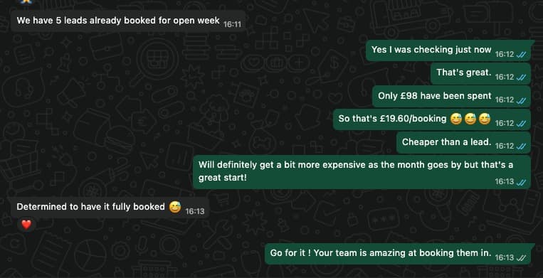 WhatsApp conversation about £19.60 per booking results