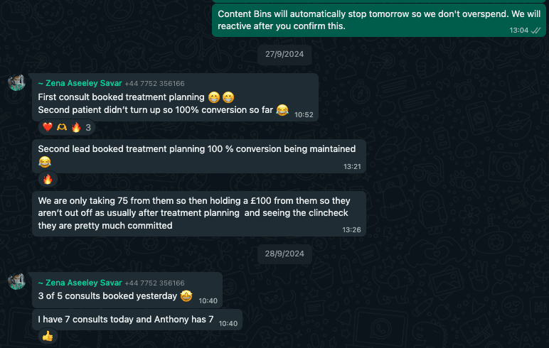 WhatsApp conversation with Zena about 100% conversion rate